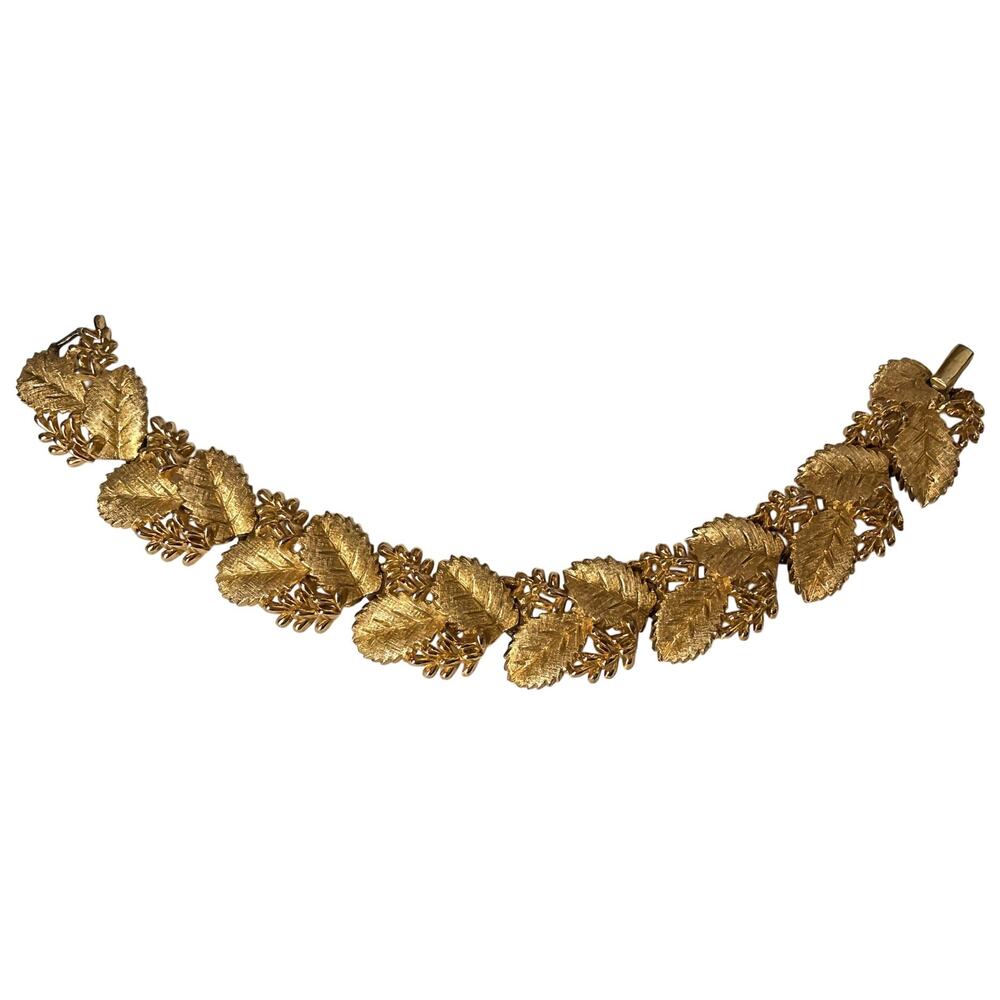 Vintage Crown Trifari Gold Leaf Bracelet, 1960s Brushed Link Jewelry